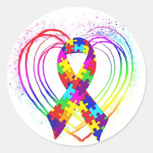 Autism Ribbon op hart: Ronde Sticker (Voorkant)