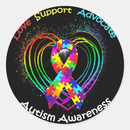 Autism Ribbon op hart: Ronde Sticker (Voorkant)