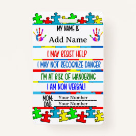 Autisme Alert Niet-verbaal Autistisch Contact Badge