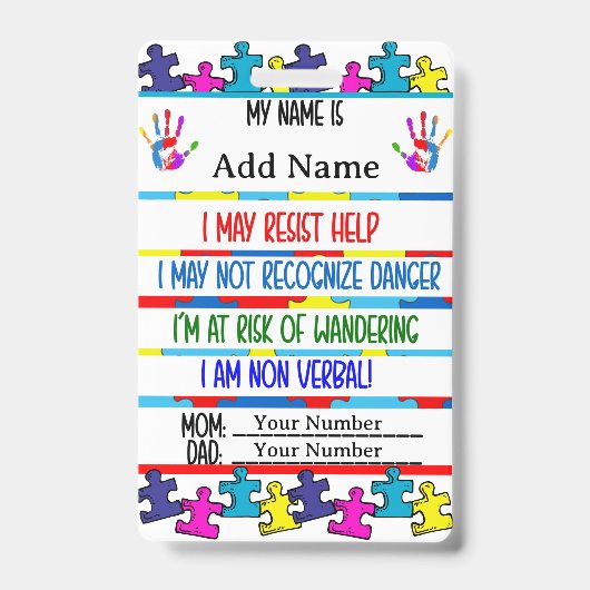 Autisme Alert Niet-verbaal Autistisch Contact Badge (Front)