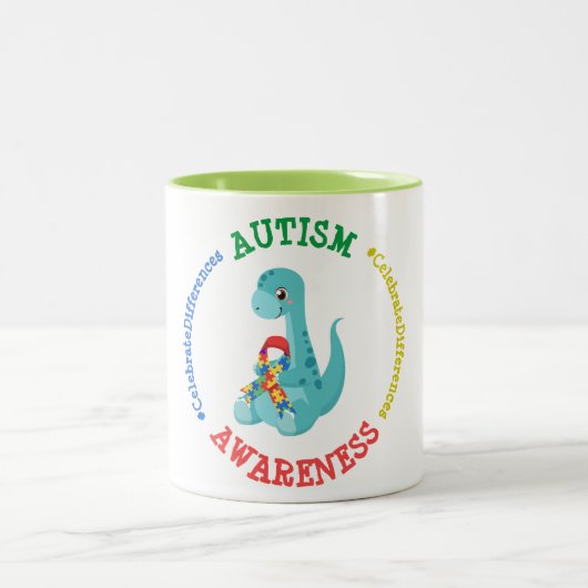 Autisme Awareness Dinosaurs Tweekleurige Koffiemok (Center)