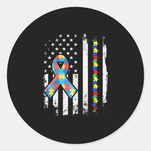 Autisme Awareness Puzzle Ribbon American Flag Ronde Sticker (Voorkant)