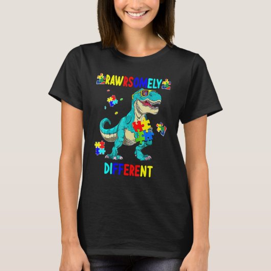 Autisme Awareness Rawrsomely Different Dinosaur Di T-shirt (Voorkant)