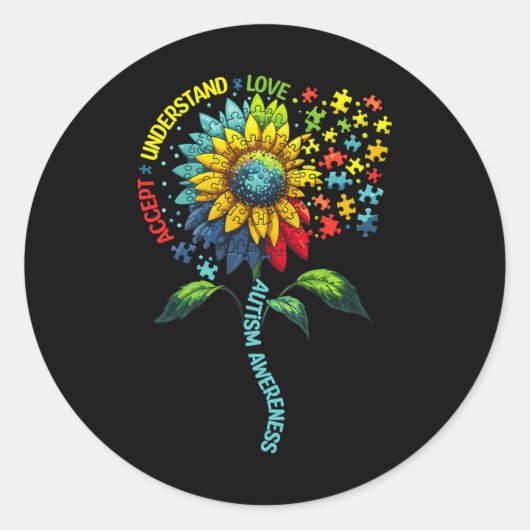 Autisme Awareness Sunflower Accepteert begrip lief Ronde Sticker (Voorkant)