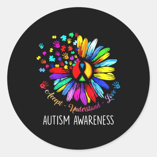 Autisme Awareness Sunflower Accepteert begrip lief Ronde Sticker (Voorkant)