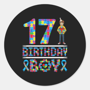 Autisme bewustzijn 17e verjaardag Jongen Puzzelstu Ronde Sticker