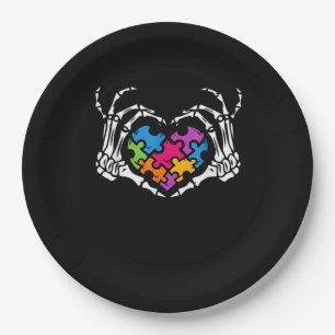 Autisme Bewustzijn als Skeleton Hand Heart Puzzel Papieren Bordje