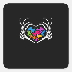 Autisme Bewustzijn als Skeleton Hand Heart Puzzel  Vierkante Sticker