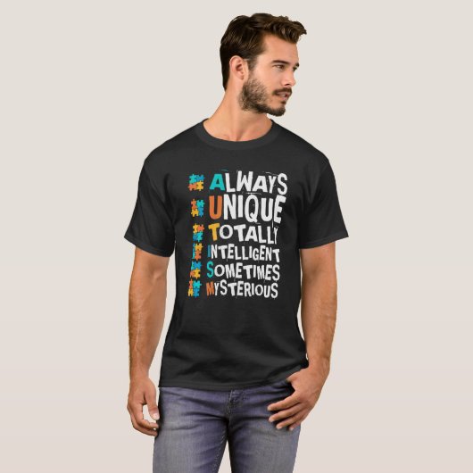 Autisme-bewustzijn Altijd uniek en volledig intell T-shirt (Voorkant volledig)