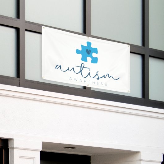 autisme bewustzijn blauwe puzzelstuk hart spandoek (Buitenkant Gebouw)