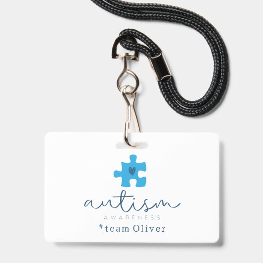 autisme bewustzijn blauwe puzzelstuk #team naam badge (Voorzijde met lanyard)
