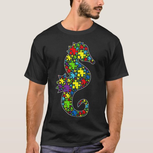 Autisme bewustzijn Cute Seahorse Puzzle Piece Anim T-shirt (Voorkant)