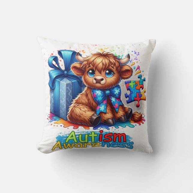 Autisme Bewustzijn Highland Koe Accent Pillow Kussen (Voorkant)
