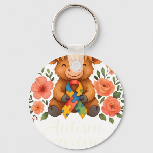 Autisme Bewustzijn Hoogland Koe Flora Sleutelhanger (Voorkant)