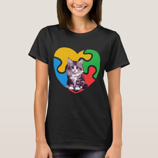 Autisme bewustzijn Kat Hart Valentijnsdag Puzzel T-shirt (Voorkant)