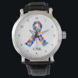 Autisme Bewustzijn Lint Gepersonaliseerd Horloge<br><div class="desc">Mooie autisme lint gevuld met puzzelstukjes in blauw. Een  autisme bewustzijn,  gepersonaliseerd horlogecadeau. Monogram met jouw naam.</div>