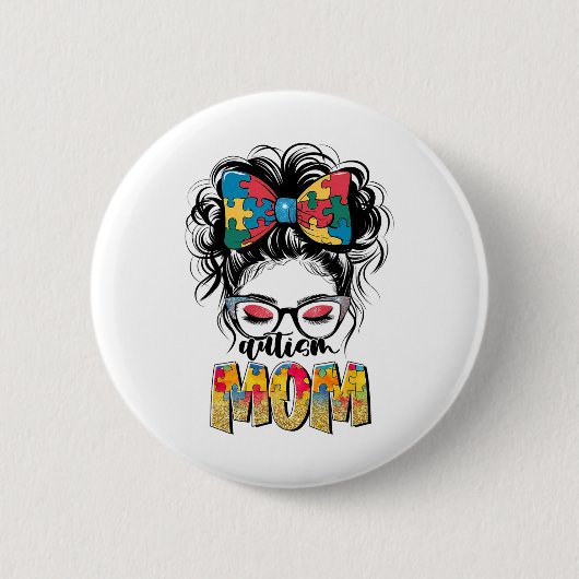 Autisme Bewustzijn Messy Bun Autisme Mama Coquette Ronde Button 5,7 Cm (Voorkant)
