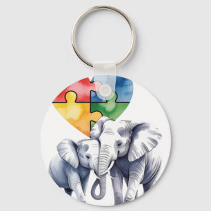 Autisme bewustzijn Moeder Olifant met Baby Puzzel  Sleutelhanger