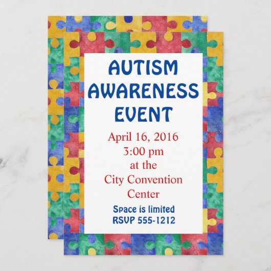 Autisme Bewustzijn puzzel uitnodiging aankondiging (Voorkant / Achterkant)