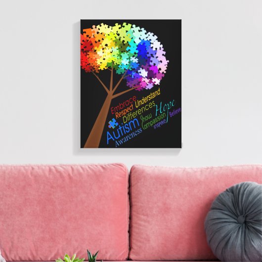 Autisme Bewustzijn Rainbow Puzzel Tree met Woorden Canvas Afdruk (Insitu (Woonkamer))