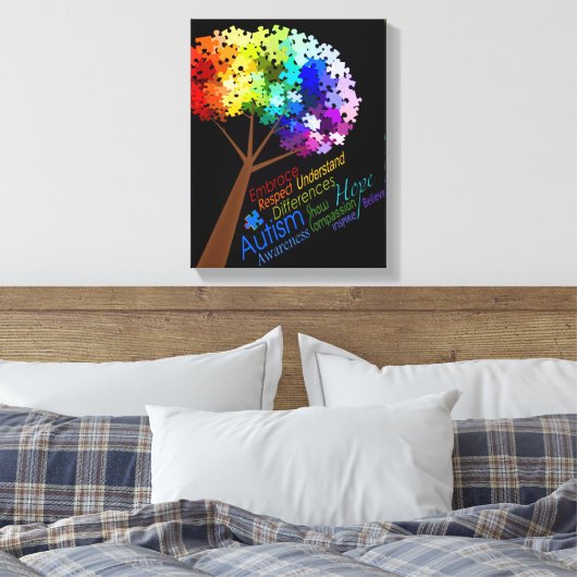 Autisme Bewustzijn Rainbow Puzzel Tree met Woorden Canvas Afdruk (Insitu (Slaapkamer))