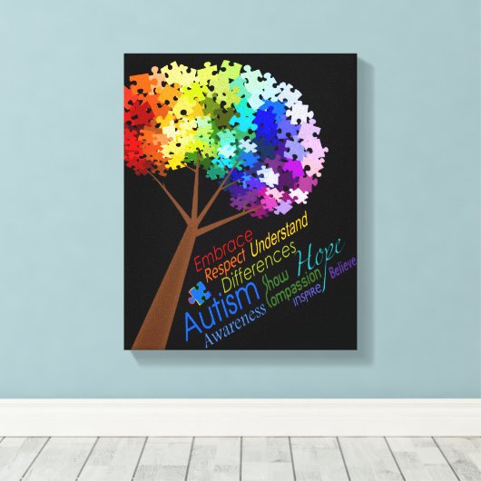 Autisme Bewustzijn Rainbow Puzzel Tree met Woorden Canvas Afdruk (Insitu (Houten vloer))