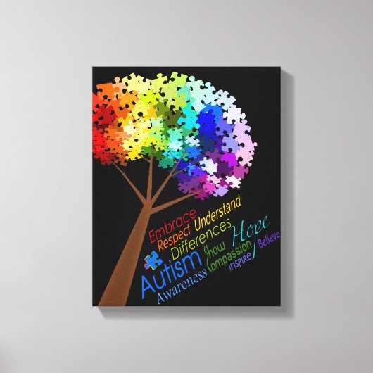 Autisme Bewustzijn Rainbow Puzzel Tree met Woorden Canvas Afdruk (Voorkant)