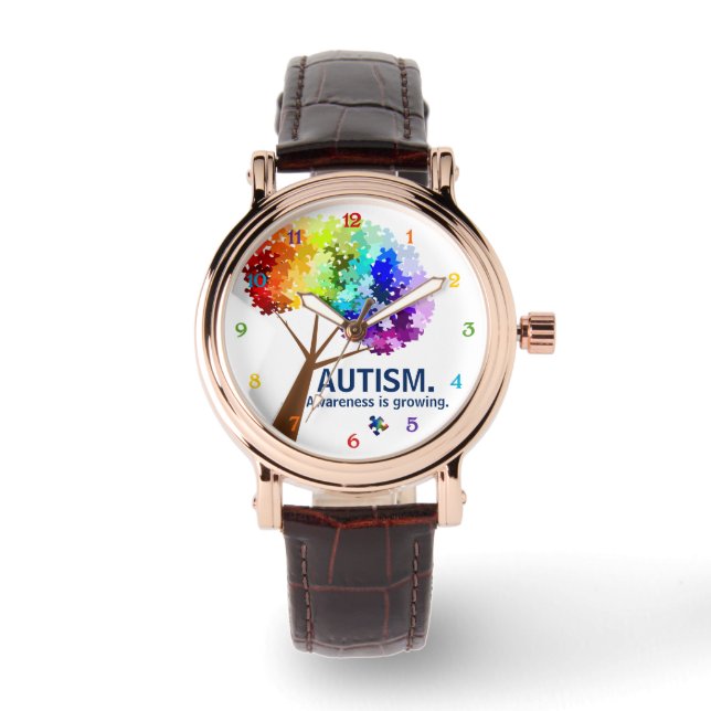 Autisme Bewustzijn Rainbow Puzzle Tree Horloge (Voorkant)