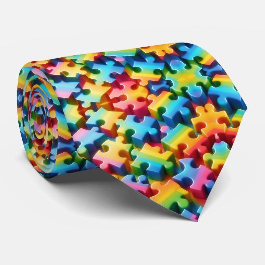 Autisme Bewustzijn Regenboog Puzzelstukken Halsban Stropdas (Opgerold)