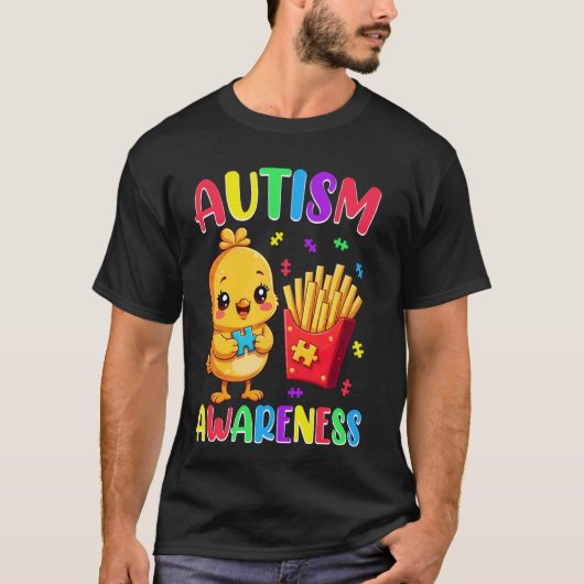 Autisme Bewustzijn Schattig Kuiken Puzzel Frites T-shirt (Voorkant)