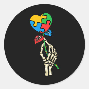 Autisme Bewustzijn Schedel Hand Roos Autisme Puzze Ronde Sticker