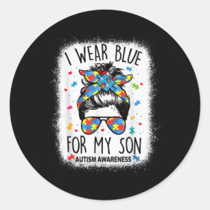 Autisme Bewustzijn Shirt Mom Messy Bun I Draag Blu Ronde Sticker