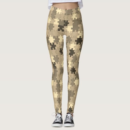 Autisme Bewustzijn Symbool Puzzel Stukken Sepia Leggings (Voorkant)