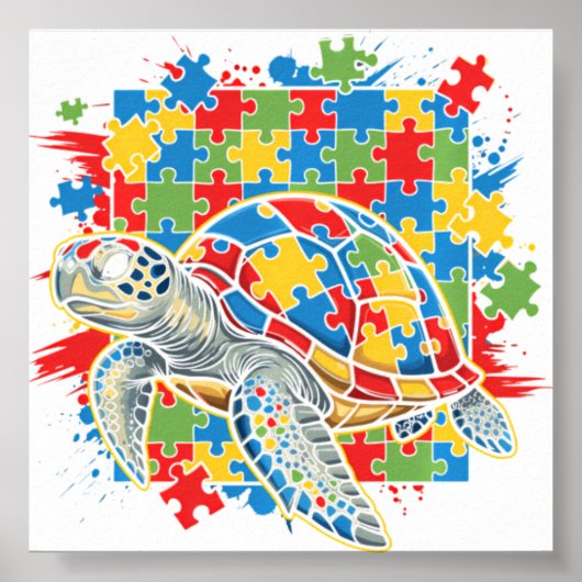Autisme Bewustzijn Zee Schildpad Puzzel Autisti Poster (Voorkant)