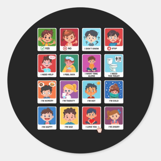 Autisme Communicatie Kaarten Kinder Emoties Speech Ronde Sticker (Voorkant)