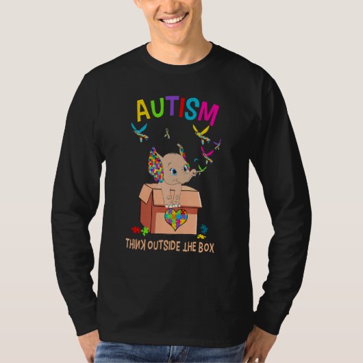 Autisme denk buiten de doos om ellefant autisme te t-shirt (Voorkant)