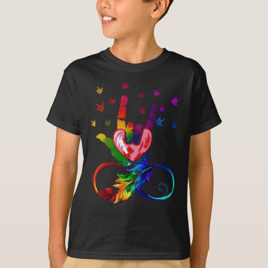 Autisme Infinity Symbool ASL Handgebarentaal Leer T-shirt (Voorkant)