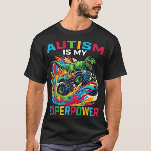 Autisme is mijn Superpower Dino T Rex Monster Truc T-shirt (Voorkant)