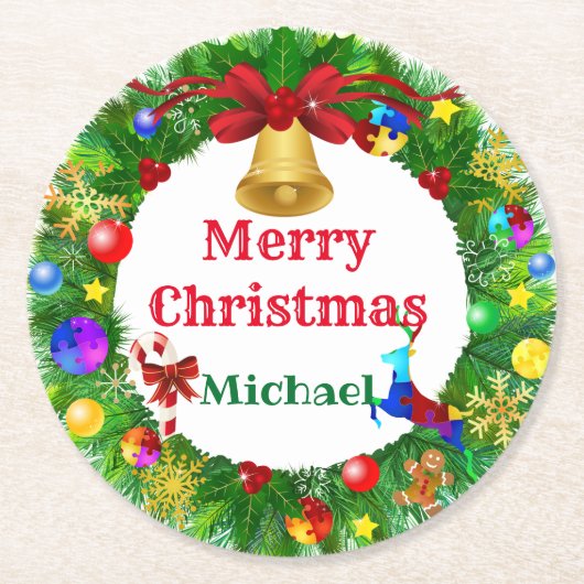 Autisme Kerstmis Wreath Ronde Kartonnen Onderzetter (Voorkant)