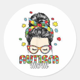Autisme Mom Life Messy Bun Zonnebrillen Byndana Mo Ronde Sticker