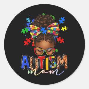 Autisme Mom Messy Bun Black Vrouwen Autisme Bewust Ronde Sticker
