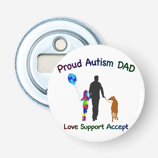 Autisme Pap met hond Button Flesopener (Voorkant)