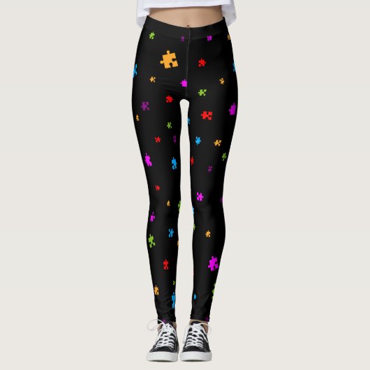 Autisme Puzzel Stukken op ZWART Leggings (Voorkant)