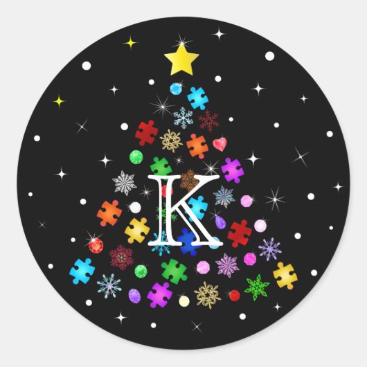 Autisme Sneeuwvlok Kerstboom Ronde Sticker (Voorkant)