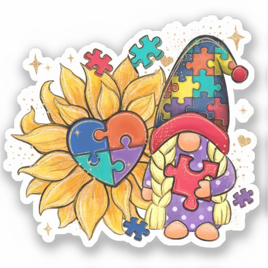 Autisme Sunflower Gnome Sticker (Voorkant)