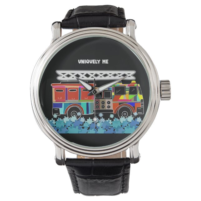 Autisme Vuurtruck puzzelstukjes Horloge (Voorkant)