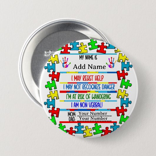 Autisme Waarschuwing Niet-verbale Pin Ronde Button 7,6 Cm (Voorkant /achterkant)