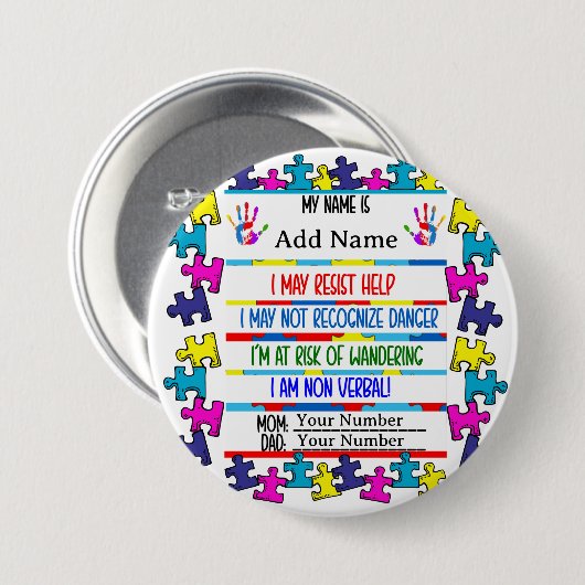 Autisme Waarschuwing Niet-verbale Pin Ronde Button 7,6 Cm (Voorkant /achterkant)