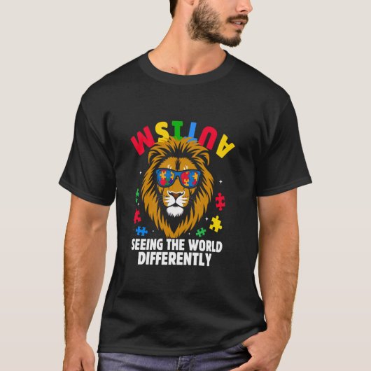 Autisme Wereld Anders Zien Bewustzijn Leeuw T-shirt (Voorkant)
