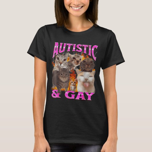 Autistic And Gay Funny Cat Meme Bootleg Graphic T-shirt (Voorkant)